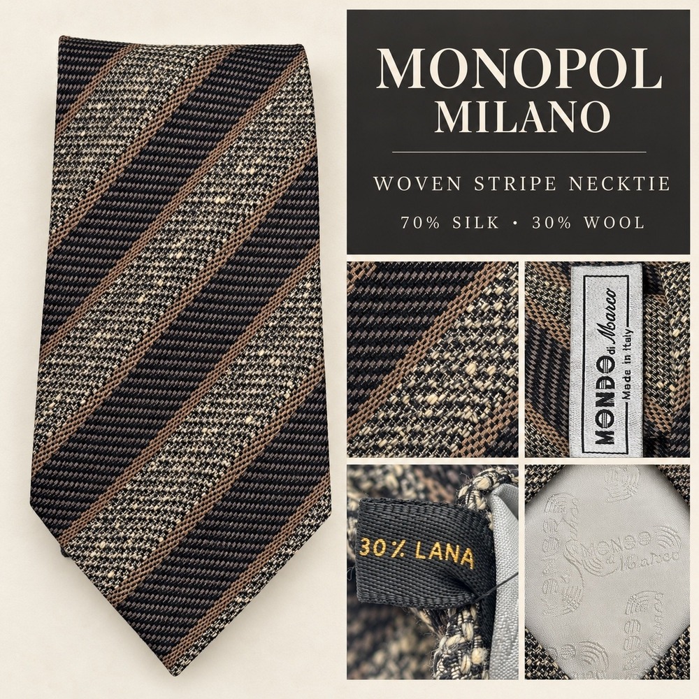 Mondo di Marco Mens Silk Wool Blend Striped Necktie Grey Black Made in Italy
